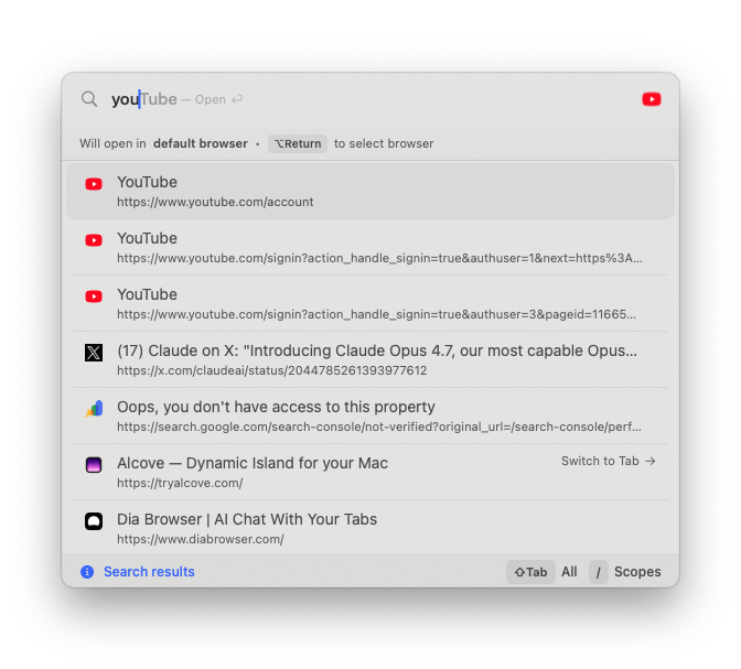 Command Panel - search tabs, bookmarks, and history