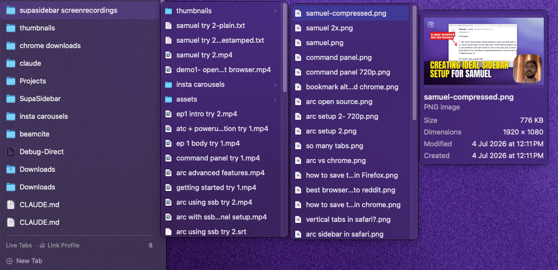Files saved from Finder shown in a nested-folder column view with preview